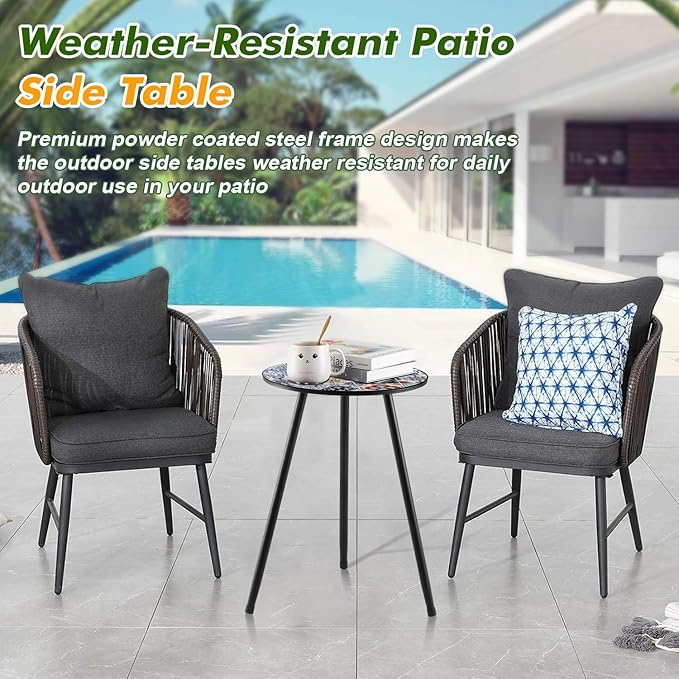 1 Pack Metal Outdoor Side Table Small Outside Round End Table for Patio Modern Accent Garden Corner Table for Small Spaces, Balcony, Porch, Weather-Resistant, Plant Stand Indoor, Mixed Mosaic