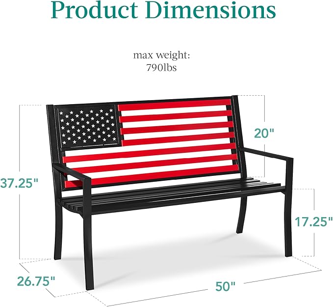 Best Choice Products Outdoor Bench 2-Person Steel Indoor/Outdoor Bench for Garden, Patio, Porch, Entryway w/American Flag, 790lb Capacity – Black/Red