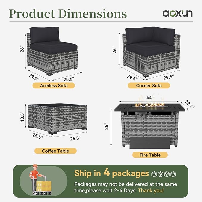 Aoxun 12 Piece Patio Furniture Set with 44” Fire Pit Table Wicker Rattan Outdoor Sectional Sofa Set with Coffee Table and Thickened Cushions, Grey/Black (Waterproof Cover Included)