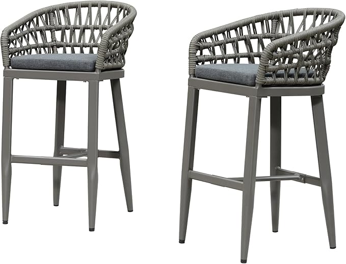 PURPLE LEAF Outdoor Rattan 29" Bar Stools Set of 2, Modern Boho Aluminum Patio Bar Height Chair with Cushion and Back for Garden Outdoor and Indoor, Smoke Grey