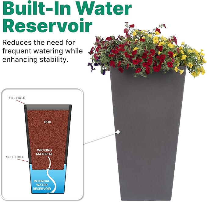 Step2 Tremont Tall Square Tapered Planter, 28", Indoor/Outdoor Plants, Efficient Drainage, Durable Resin, Dark Cedar