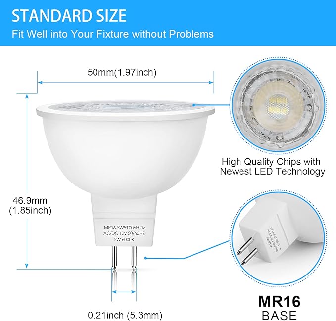 Mlambert 12 Pack MR16 LED Bulbs 50W Halogen Equivalent,6000K Cool Whitee,5W GU5.3 MR16 12V Spotlight Bulb,Non-Dimmable,45° Beam Angle for Landscape, Recessed