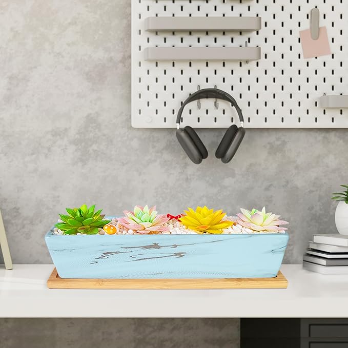 Succulent Pots - 12.1 Inch Large Succulent Pots with Drainage Tray, Window Sill Planter, Long Rectangle Ceramic Pots for Indoor Cactus/Succulent Plants Shallow Bonsai Window Box for Home Garden Decor