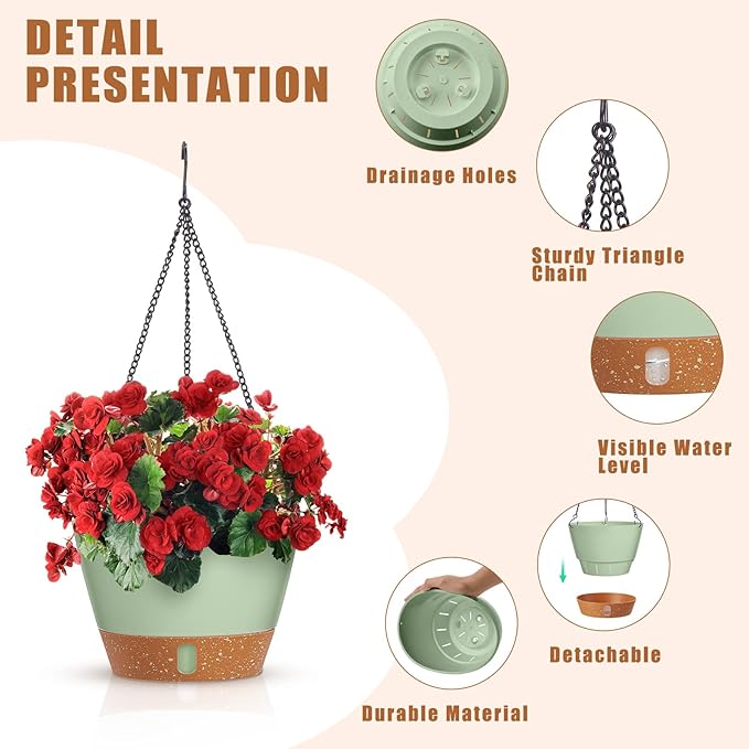 Amyhill 6 Pcs 8 Inch Hanging Planter for Indoor Plants Self Watering Hanging Pot Baskets with Drainage Hole Visible Water Level Tray with Hooks for Garden Outdoor(Green)