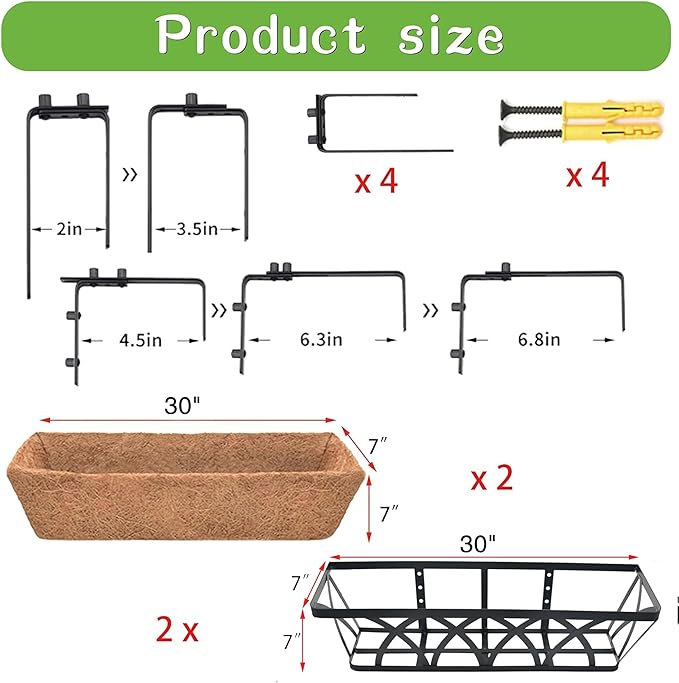 Window Deck Railing Planters Boxes with Coconut Liner, The Bottom Flat Window Boxes Planter Flower Boxes Metal Black Balcony Planters Railing Hanging for Outdoor Fence Porch Patio Lawn(2Pcs 30 Inch)
