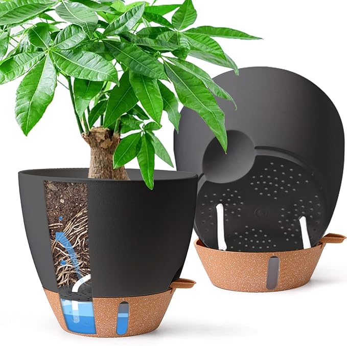2 Pack 10 Inch Self Watering Pots - Water Level Indicator & Deep Reservoir, Mess-Free Planter for Busy People, Beginners & Gardeners, Fiddle Leaf Fig, Monstera, ZZ Plants, Indoor Outdoor Use (Black)