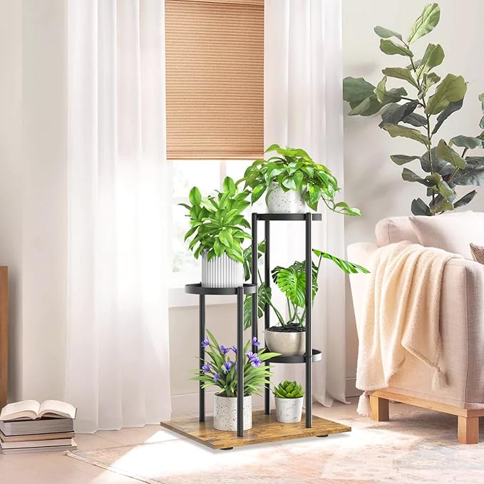 iDavosic.ly 3 Tier Plant Stand Indoor Outdoor, Tiered Corner Multiple Flower Pot Holder Shelf, Metal 23 Inch Tall Display Rack for Patio Porch Living Room Garden Balcony, Modern Black & Rustic Brown