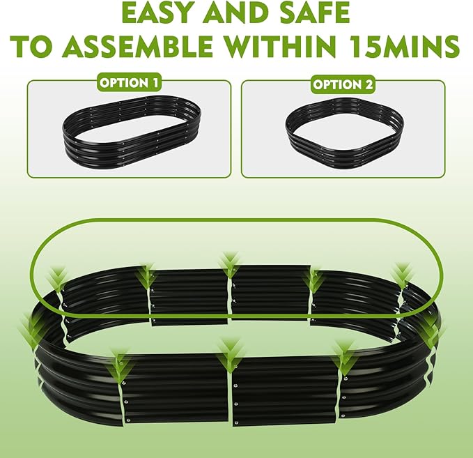 5X2.7X1 FT Oval Galvanized Metal Garden Raised Bed/Plant Box for Planting,32 Inches Diameter Iron Fire Pit Ring,Small Animal Fence-3 in 1 Modular Design in Black (Black, 60X32X11.5 Inches)