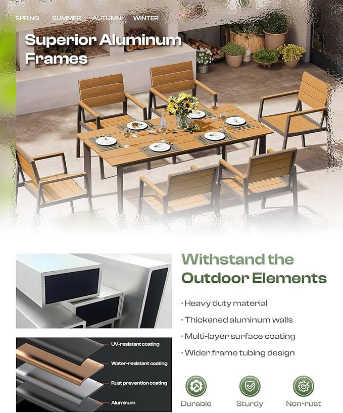 Aluminum Outdoor Dining Set for 6, Patio Table and Chairs Set with Umbrella Hole, 7 Piece HDPS Outdoor Furniture Set for Patio, Garden (Gray & Teak)