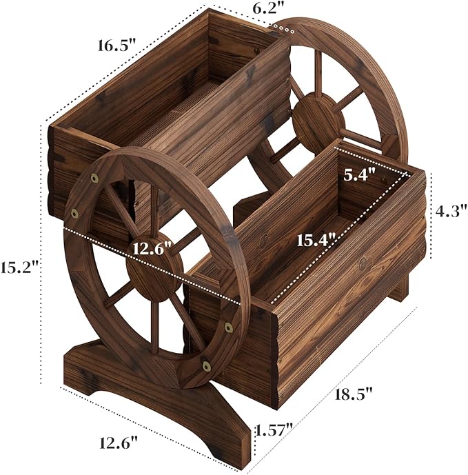 Wooden Wagon Planter Flower Cart with Wheels Garden Box Garden Planter, Decorative Planter for Flowers Herbs Vegetables for Indoor & Outdoor Décor Flower Cart for Patio Garden Balcony (Carbonized)