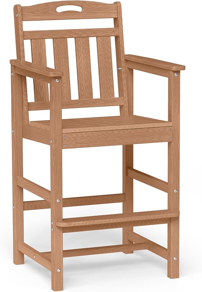 Ciokea Heavy Duty Bar Height Chair, 380lbs Outdoor Adirondack Tall Bar Chair Patio Stool with Arms & High Back, Heavy Duty All-Weather for Balcony, Poolside, Deck and Garden, Teak