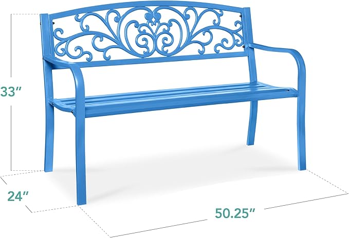 Best Choice Products Outdoor Bench Steel Garden Patio Porch Furniture for Lawn, Park, Deck w/Floral Design Backrest, Slatted Seat - Ocean Blue