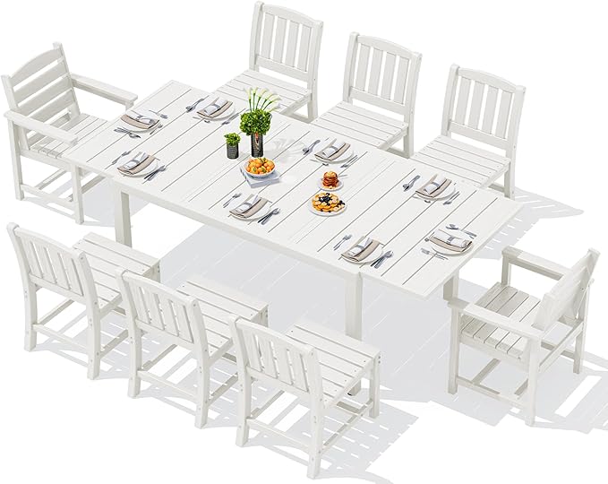 SERWALL 9-Piece Outdoor Dining Set, 60" - 83" Expandable Outdoor Dining Table and 8 HDPE Chairs, All Weather HDPE Outdoor Furniture Set for Backyard, Garden, White