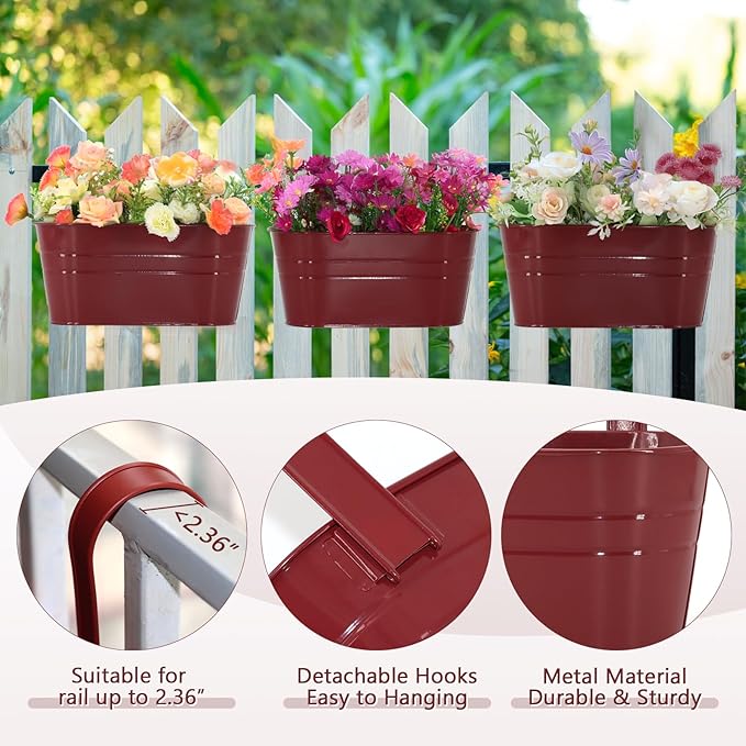 3 Pack Metal Railing Planters, 10.5" Oval Hanging Flower Pots with Detachable Hooks & Drainage Holes, Fits Rails up to 2.36", Galvanized Iron Fence Bucket for Balcony Garden Patio - Red