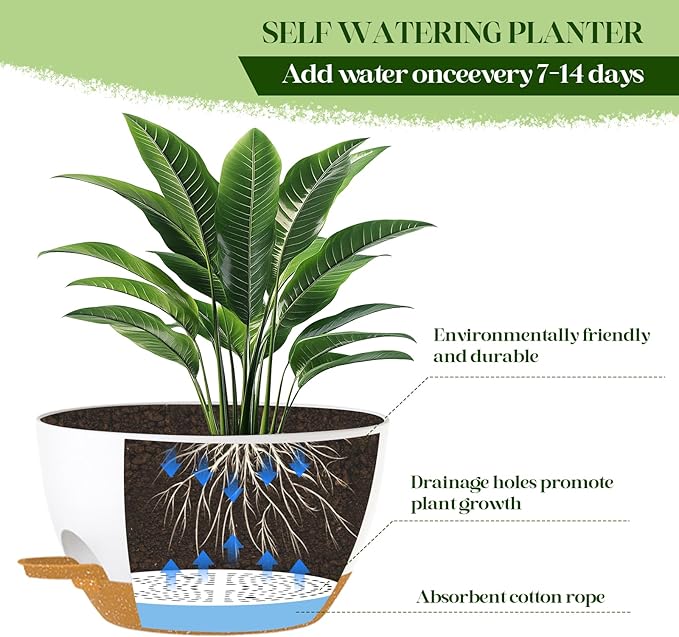 2 Pack 10 Inch Self Watering Hanging Planters for Indoor Plants, Large White Brown Plastic Hanging Pots with Chains for Outdoor Patio Garden Home Decor (White Brown)
