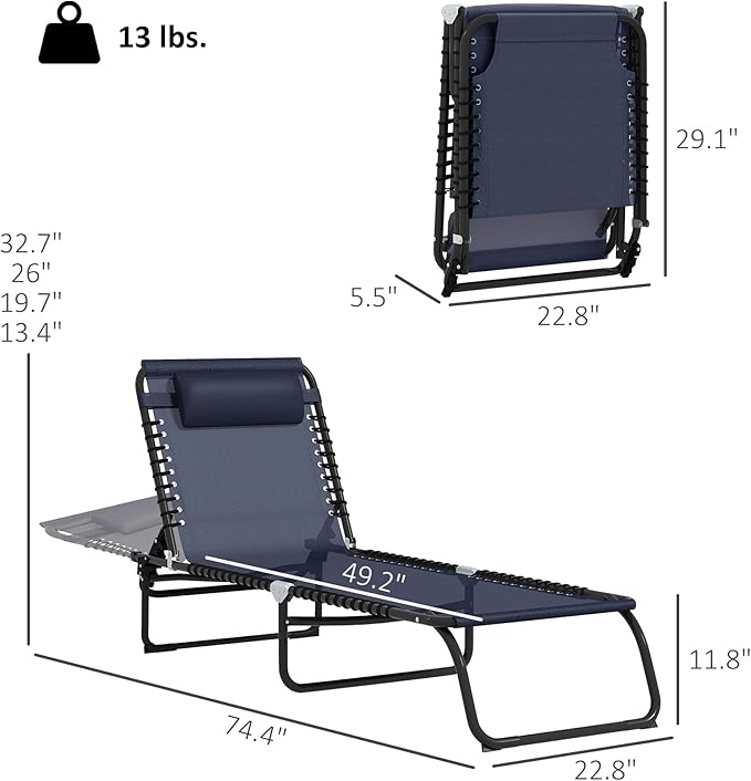 Outsunny Folding Chaise Lounge Chair, Patio Sun Tanning Chair, Outdoor Chaise Lounger with 4-Position Reclining Back, Breathable Mesh Seat for Beach, Poolside, Yard, Dark Blue