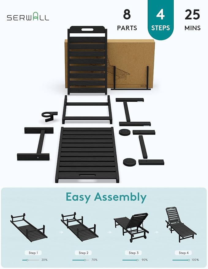 SERWALL Outdoor Chaise Lounge Set of 2, All-Weather HDPE Pool Lounge Chairs with 5-Position Adjustable Reclining Backrest, Rolling Wheels & Cup Holder for Poolside, Black