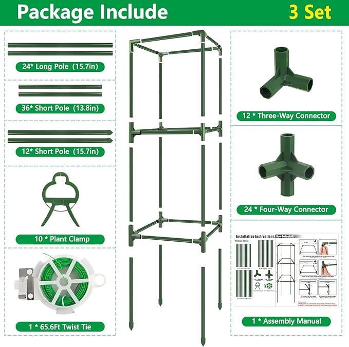 3 Pack Square Tomato Cages, 49'' Tall Heavy Duty Steel Tomato Trellis Kit for Garden, Plant Support Tower Stakes Cucumber Pepper Trellis for Climbing Vegetable Flowers