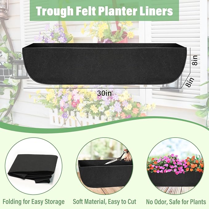 Riare 4 Pack 30 Inch Black Fabric Window Box Liners- Felt Square Trough Planter Basket Liners Replacement, Non-Woven Hanging Flower Plant Box Liner for Outdoor Plants Garden Fence- Avoid Birds Nesting