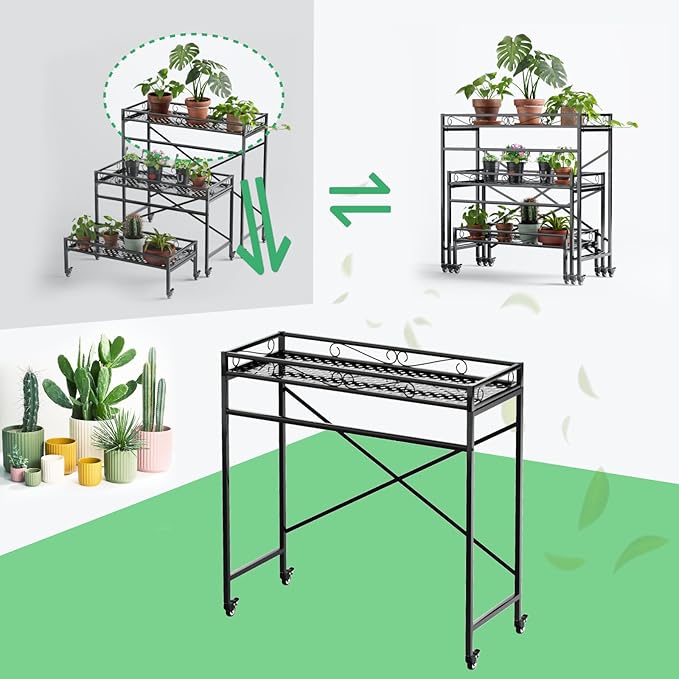 Zhongma 1 Tier Sturdy Metal Plant Stand with Wheels, 40.5x16x40.4 in High, Heavy Duty Succulent Shelf for Home Indoor and Outdoor, 220 LBS Capacity & Heavy Duty Construction