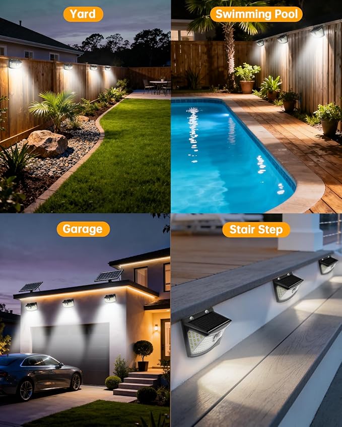 Aootek New Solar Motion Sensor Lights 120 LEDs with Lights Reflector,270° Wide Angle, IP65 Waterproof, Step Lights for Front Door, Yard, Garage, Deck (Black, Daylight White, 4-Pack)
