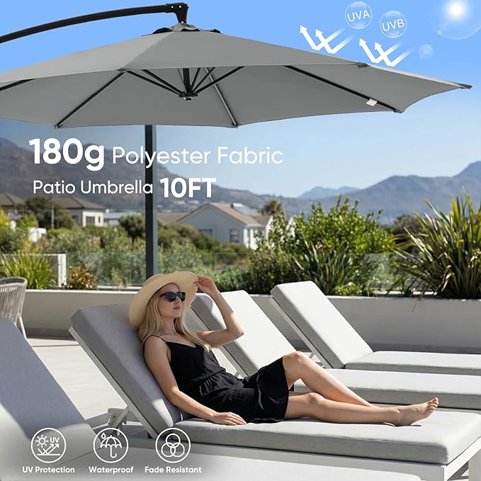 NEWBULIG 10FT Patio Umbrella, Offset Cantilever Outdoor Patio Table Umbrella, UV Protection, Fade Resistant Fabric, Easy Tilt Adjustment for Pool, Deck, Garden, Backyard