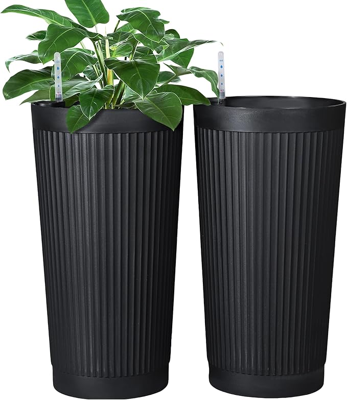 FENCY 2Pack 24IN Self Watering Planter for Indoor Plants, Plastic Large Planter for Outdoor Plants, Water Level Indicator& Spacious Reservoir Flower Planter Decorative(Black)
