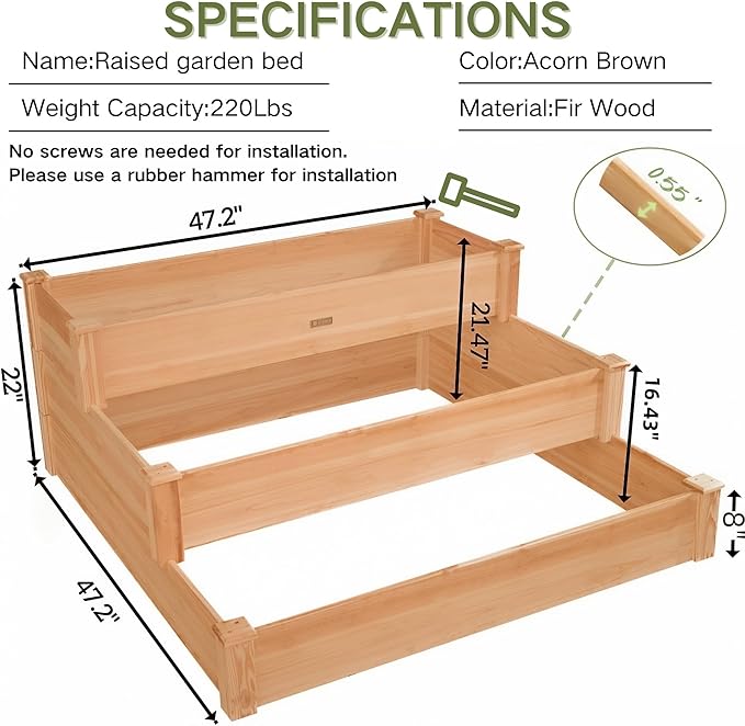 3-Tier Raised Garden Bed with Fabric Liner, Wood Elevated Planter Box with Dovetail Joint Design, 3 Dividable Bed Kit for Vegetables/Herbs/Flowers, Outdoor Gardening for Patio, Lawn, Balcony