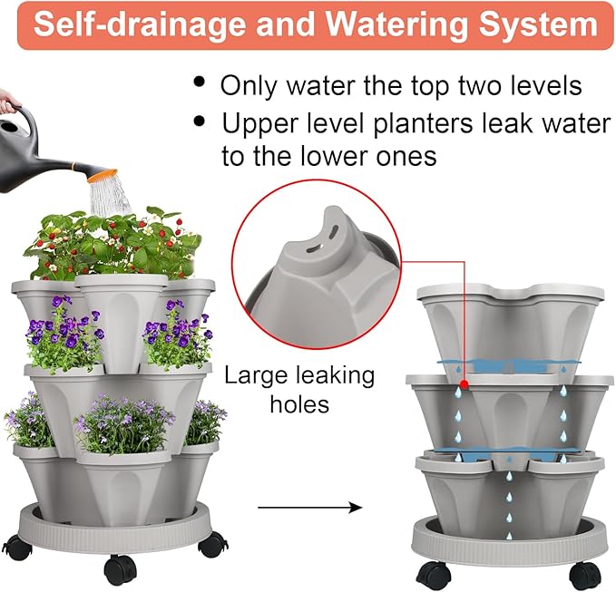 GameXcel Vertical Planter 3 Tier Stackable Planters Garden Planters Strawberry Herb Flower and Vegetable Planter Indoor Outdoor Gardening Pots with Removable Wheels and Tools