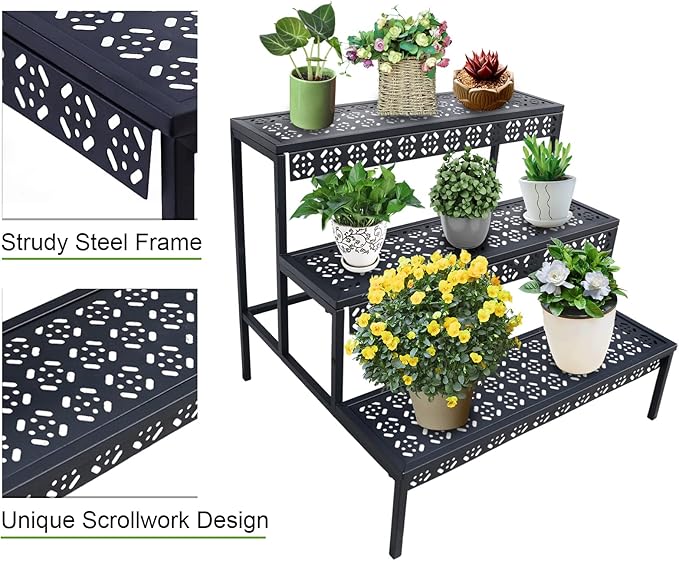 aboxoo 3 Tier Stair Style Large Metal Plant Stand, Garden Display Shelf Flower Pot Holder Storage Organizer Rack for Indoor Home Outdoor Patio Balcony Yard( Black, Rectangle)