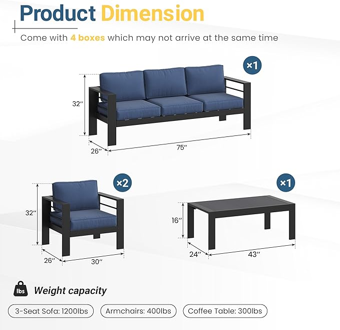 Solaste Aluminum Outdoor Patio Furniture Set, 5 Seats Patio Sectional Sofa with 5" Thick Cushion, Outdoor Patio Set with Coffee Table for Porch, Backyard, Deck, Yard, Blue