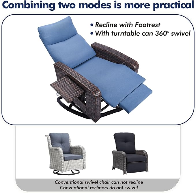 Outdoor Recliner Chair, Wicker Patio Recliners with Adjustable Backrest and Extended Foot Rest, Reclining Patio Chairs with Flip Table & Removable Cushion Cover for Porch