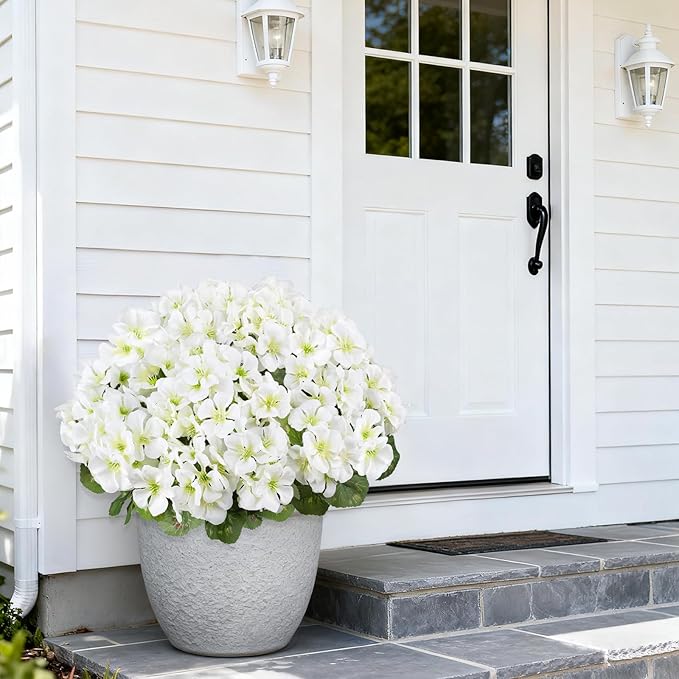 Artificial Geranium Flowers for Outdoors, 6 Bundles Realistic Silk Fake Geranium, No Fade Faux Plants for Hanging Baskets, Window Boxes, Pots - Porch, Patio, Balcony Decor(White)