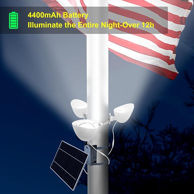 Solar Flag Pole Light, 3 Super-Spotlights LEDs, Adjustable Metal Clamps Fits 2-6''Flag Poles, IP65 Waterproof Outdoor Solar Powered Flagpole Lights, 360 Degrees of Flag Illumination, White