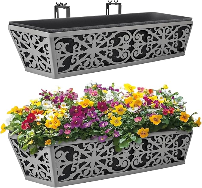 2 Pack 24 Inch Window Boxes Planter for Outdoor Plants Deck Railing Planters Box with Adjustable Brackets for Porch Fence Balcony Hanging Flower Baskets with Non-Woven Fabric Liner for Garden Decor