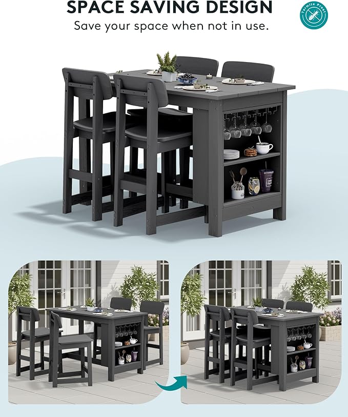 SERWALL 10-Piece HDPE Counter Height Dining Table Sets with Storage and Wine Rack, 2 Rectangular Bar Table with Bar Stools Set of 8 for Garden, Backyard, Kitchen, Gray