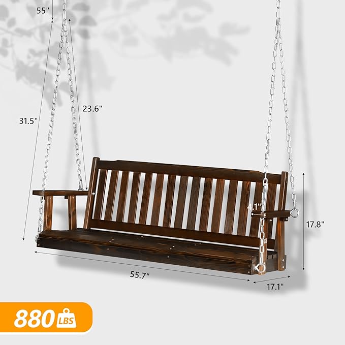 VINGLI Heavy Duty 880 LBS 5 FT Patio Wooden Porch Swing Outdoor with Upgraded Adjustable Chains, Outdoor Hanging Swing Bench for Garden, Yard, Balcony (5 FT, Rustic)