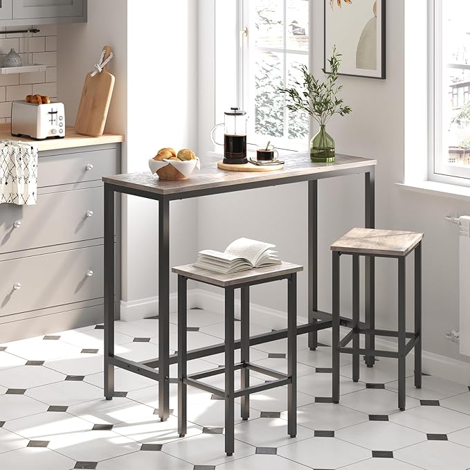 HOOBRO Bar Table and Chairs Set, 47.2” Rectangular Pub Table with 2 Stools for Small Space, High Top Table, 3-Piece Breakfast Set, Sturdy Metal Frame, Easy to Assemble, Greige BG52BT01