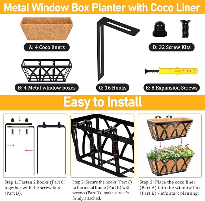 Riare 4 Pack 16 Inch Metal Railing Planter Window Box with Coco Liner- Adjustable Window Flower Boxes for Railings, Hanging Rail Planters for Deck, Balcony, Porch, Fence, Indoor Outdoor Plants