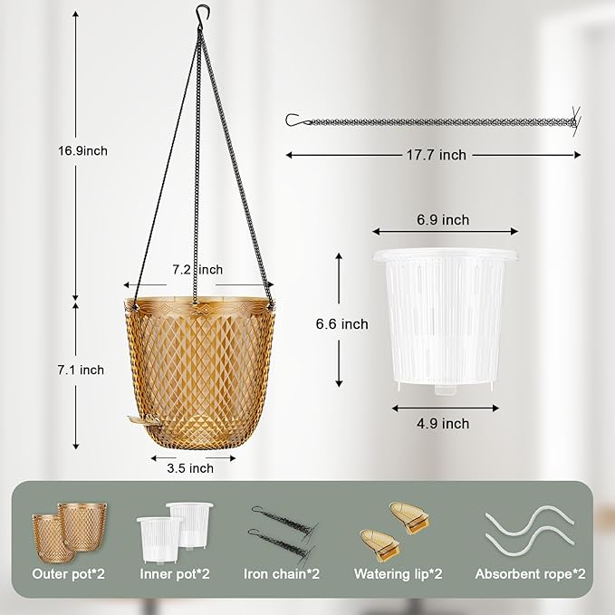 QCQHDU Self Watering Hanging Pots, 2 Pack 7.2 Inch Hanging Planters for Plants Indoor, Outdoor Flower Pots with Drainage Holes and 3 Hooks Chains for Garden Home (Gold)