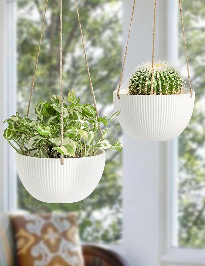 UBEE Ceramic Hanging Planters Indoor Outdoor, 7.5 Inch + 6.5 Inch Hanging Flower Pot for Plants Hanging Basket for Succulent Pothos Herbs Window Home Decor, 2 Pack, White