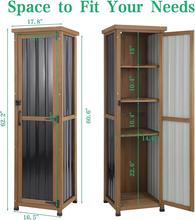 Outdoor Storage Cabinet Weatherproof, Tall Wood Garden Potting Bench Table with Removable Shelves, Metal Top, Outdoor Patio Cabinet Work Station for Tool Accessories,17.8''x17.8''x62''