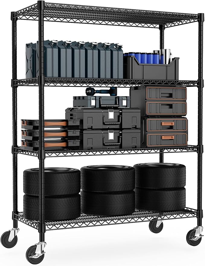 53" W Storage Shelves 1760LBS 4 Tier Metal Shelving Unit with Wheels Heavy Duty Garage Shelving Adjustable Wire Shelves for Pantry,Kitchen,Garage,Basement,Black 23.6" D x 53.2" W x 73.6" H