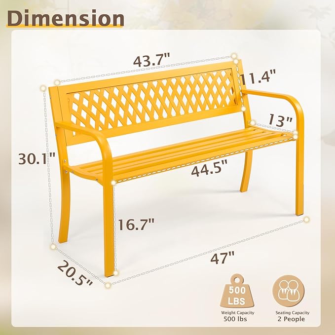 VINGLI 47'' Outdoor Bench, Weather Resistant Garden Patio Bench Powder Coated Iron Frame w/PVC Mesh Backrest Slatted Seat, 2-Person Outdoor Furniture for Front Porch Entryway Park (Yellow)