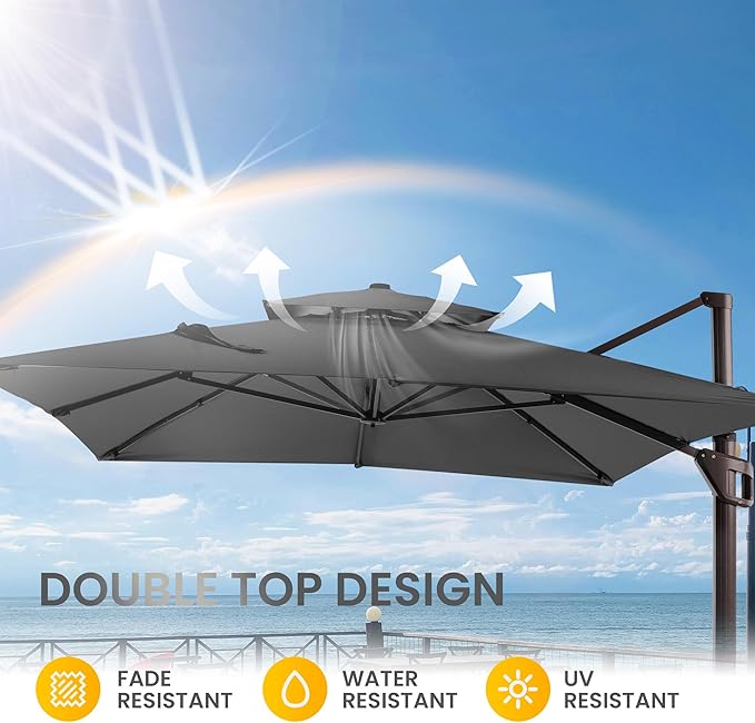 10 X 13 FT Cantilever Patio Umbrella with LED Lights Outdoor Heavy Duty Double Top Windproof Rectangle Offset Umbrellas with 360-degree Rotation for Pool Deck Backyard, Grey