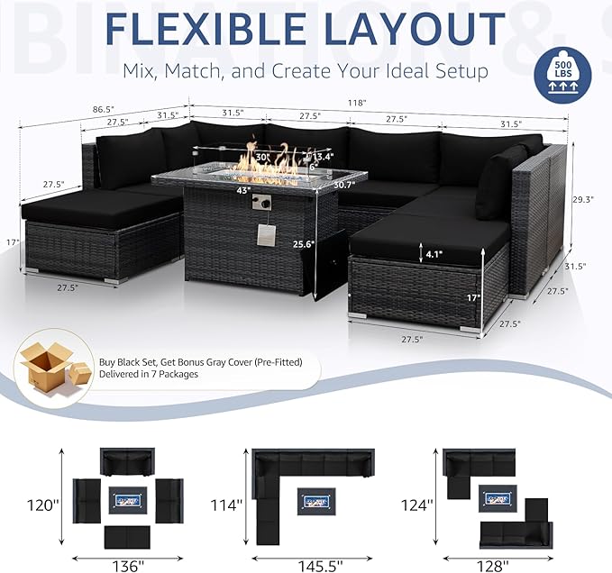 NICESOUL Large Size 9 Piece Patio Conversation Set with Fire Pit Table Propane/Gas, 29.3'' High Back Outdoor Furniture Sectional Set, Heavyweight Rattan Contemporary Sofa, 2 Color Cushion Black &Gray