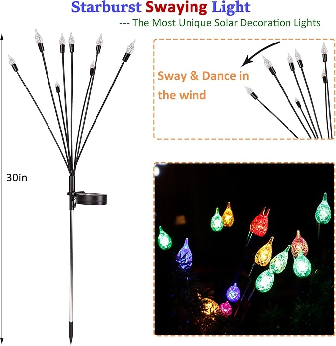 2 Pack Each 8 LEDs Solar Garden Lights Waterproof Outdoor Landscape Path Firefly Lights Single Spike Bulb Swaying Light Multicolor