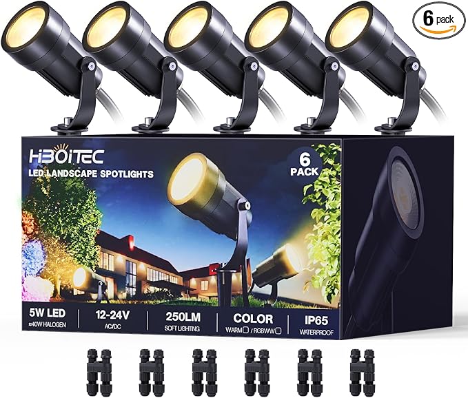 HIBOITEC 5W Low Voltage Landscape Lights, 2900K Warm White Landscape Lighting with Connectors,12-24V AC/DC, Waterproof Landscape Spotlights for Garden Tree Yard Wall, 6 Pack
