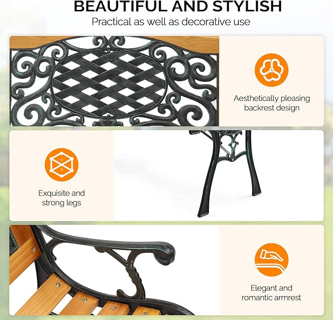 VINGLI Classic Cast Iron & Teak Arched Back Rectangular Outdoor Bench, 3-Seater, 470 lbs Capacity, Easy Assembly, Weather Resistant, 49.5" W x 20.5" D x 29" H