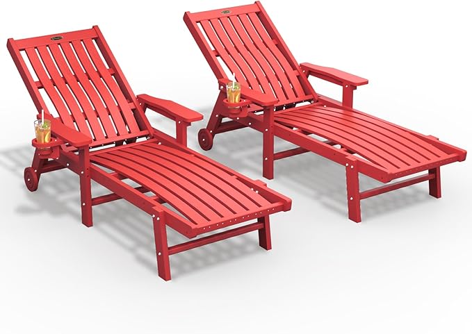 Patio Chaise Lounge Chair Set of 2, Oversized Lounge Chair Outdoor with 5 Positions, HDPE, Patio Lounge Chair with Wheels & Cup Holder for Pool, Deck, Poolside,Red